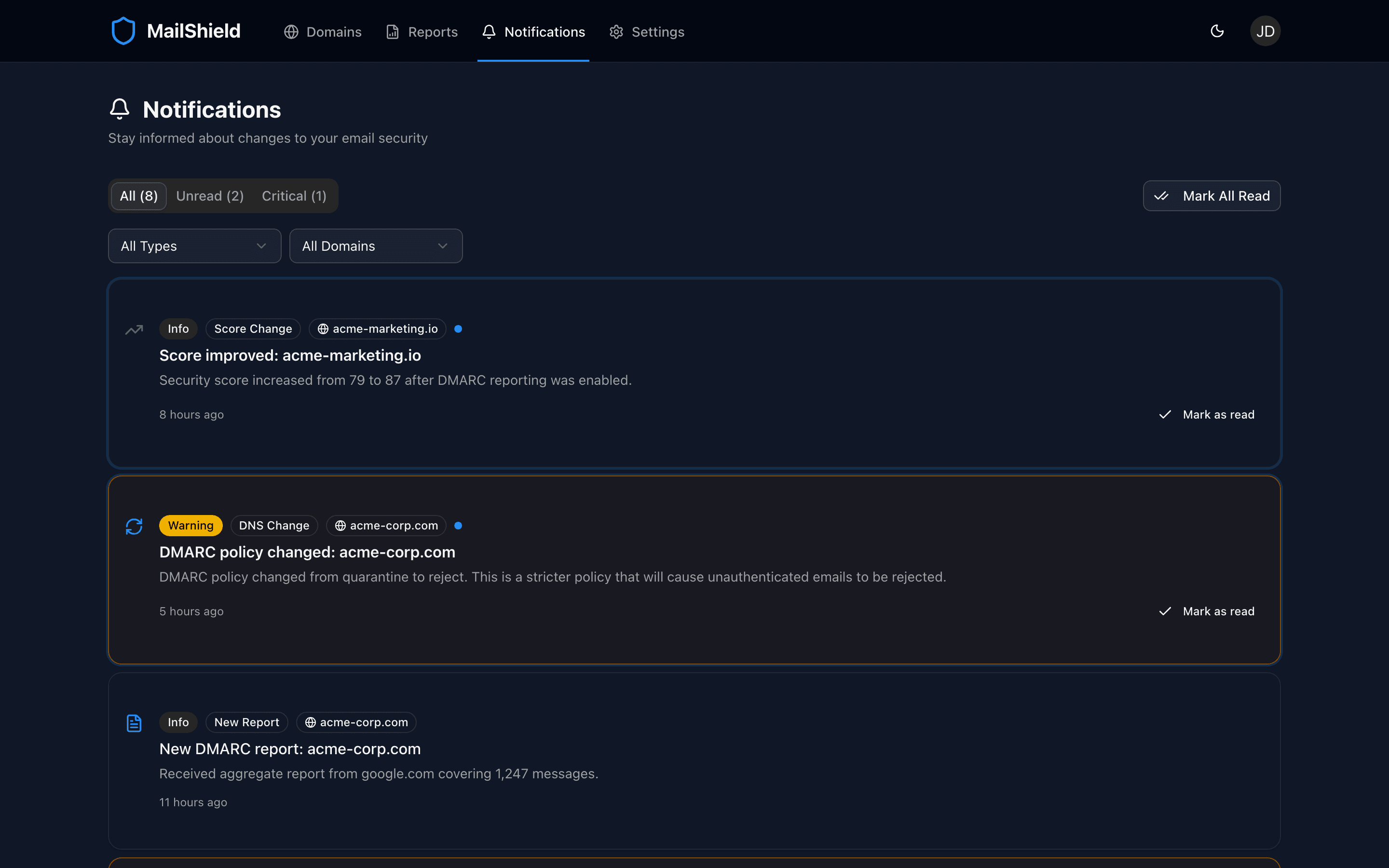 MailShield notifications view showing alerts for DNS changes and score updates